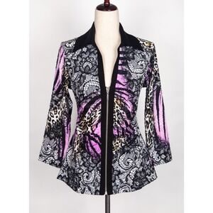 Women's Animal Print Dressy Shirt Blouse Size L Full Zipper Lace Print NWT
